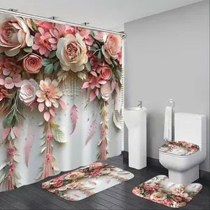 1pc/4pcs romantic and lovely green plant flower design bathroom decoration set, non-slip floor mat, U-shaped carpet, toilet lid cover, perfect for bathroom decoration, partition, beautify the space, Bathroom Decoration Accessories