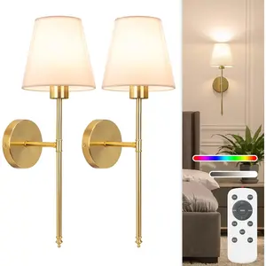 19.9 inch Battery Operated Wall Sconce Set of 2,Gold Rechargeable Wall Lights with 5200mAh Dimmable Detachable Bulbs and Remote,10 Colors Wireless Sconces for Bedroom Living Room Hallway