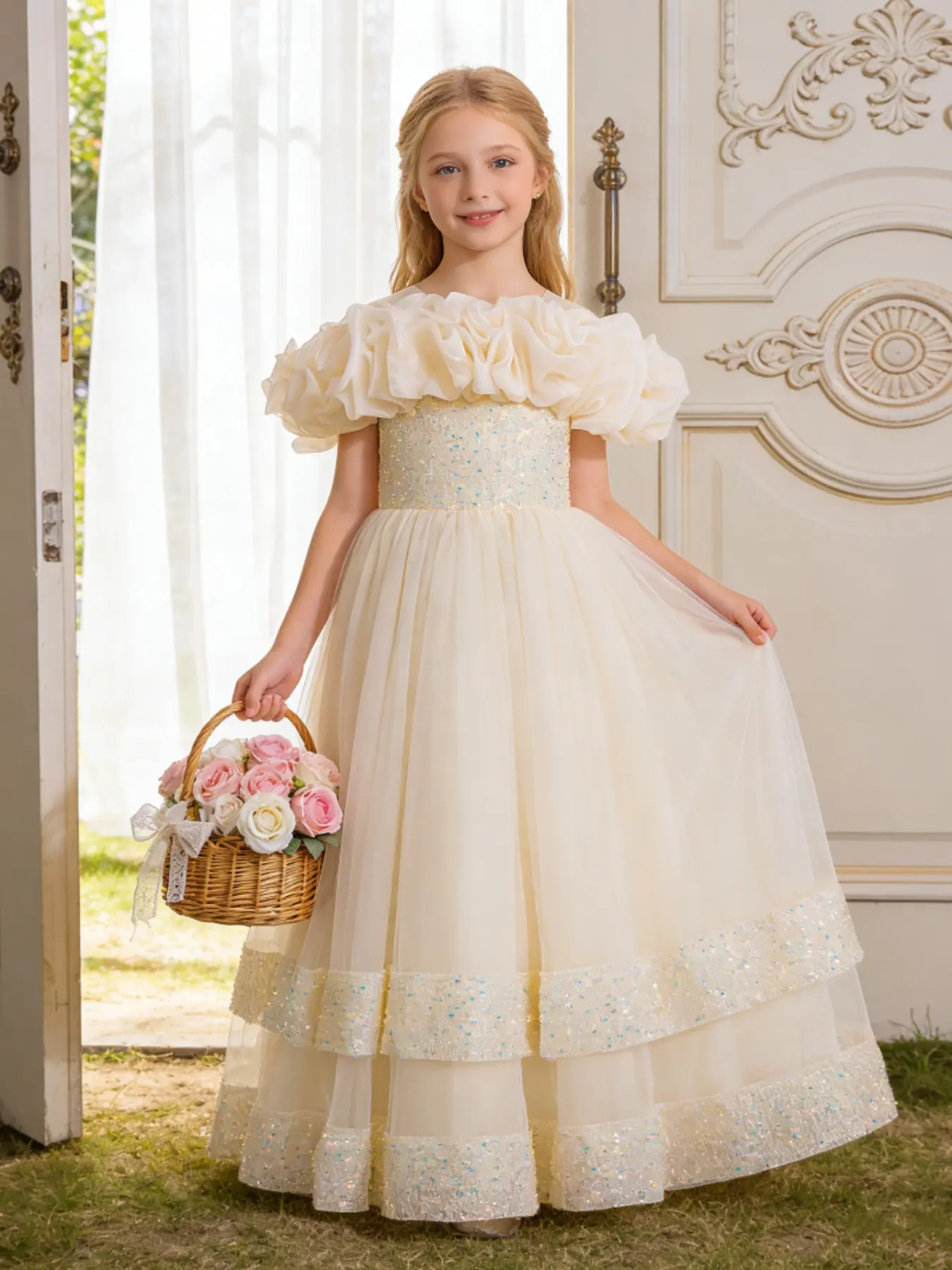 Childrens Formal Evening Gown with Bow and Sequins Sparkly Glitter Tulle Long-Length Princess Dress for Girls Little Girl's Birthday Party Dress Junior Host Gown Birthday Clothes