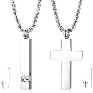 FINREZIO 2 Pcs Stainless Steel Urn Necklaces for Ashes Cremation Memorial Cross Cube Pendant with Cubic Zirconia Inlaid Keepsakes Necklace Length 56CM Religious Jewelry gifts girlfriend cross necklace chains jewelry men vintage jewelry chains for men