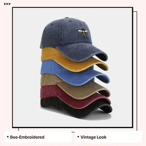 Unisex Bee-Embroidered Baseball Cap – Vintage Distressed Washed Style – Trendy Outdoor Sports Sun Hat