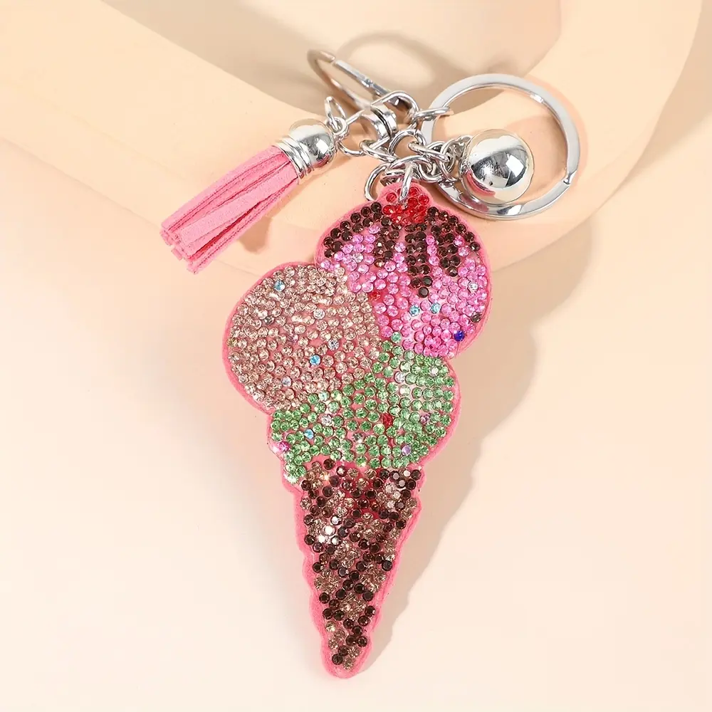 Sparkling Rhinestone Ice Cream Keychain, & Glitter Design, Alloy Material, Perfect Gift for Birthdays & Parties, Bling Bling Keychains, Aesthetic Keychain, Zinc Alloy Keychain