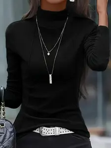 Pure Color High Neck Slim Fit T-Shirt, Spring and Fall Versatile Long Sleeve, Comfortable and Stylish Casual Wear
