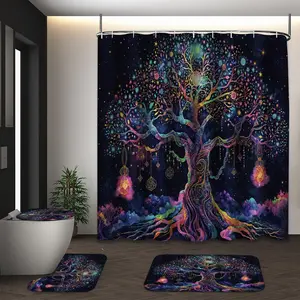 LVRLVR 4Pcs Magical Tree of Life & Starry Night Print Boho Celestial Multi-Color Shower Curtain Set 70.8×70.8 Inch Bathroom Curtain