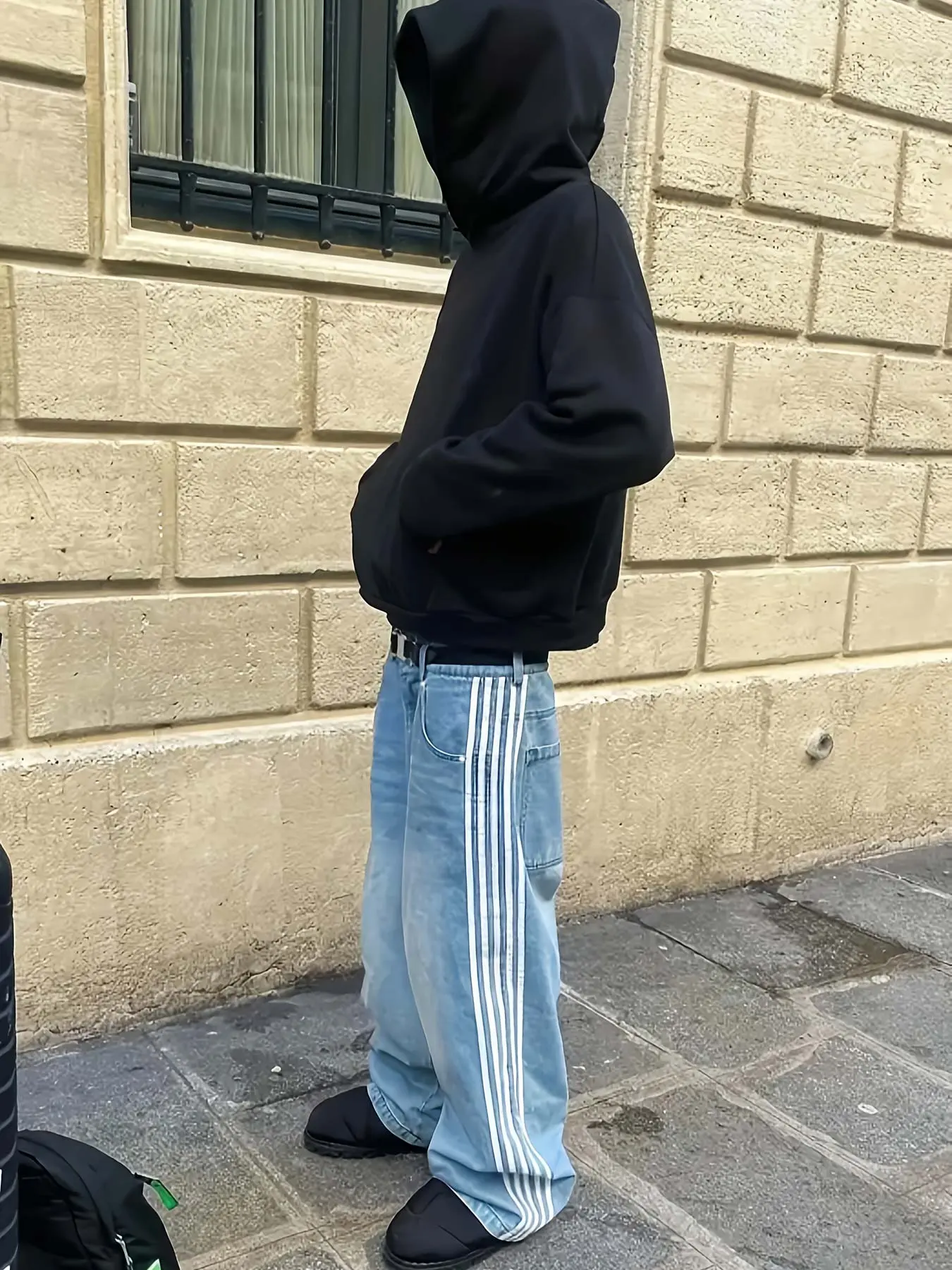 Y2K Trendy Vintage Hip-Hop Men's Jeans, Side Striped Five-Bar Design, Street Retro Denim Jeans, Loose Fit Casual Wear, Denim Clothing, Streetwear
