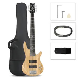Full Size GIB 6 String H-H Pickup Electric Bass Guitar Bag Strap Pick Connector Wrench Tool Burlywood
