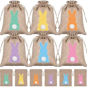 6/12/24 pastel rabbit linen drawstring gift bags, Party Favor Packs, available in multiple colors, linen bags with fluffy pom-pom tails, suitable for jewelry, cosmetics, party favors, weddings, birthdays, Valentine's Day, Easter, Christmas