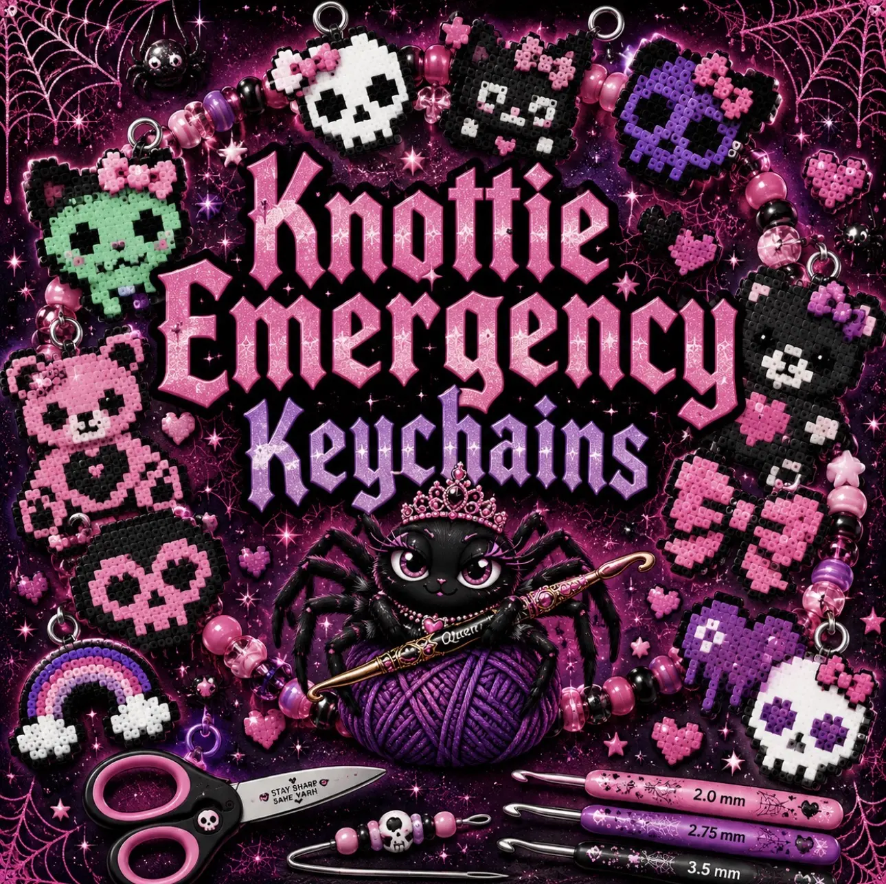Knottie Emergency Keychains - Crochet Survival Kit: Customize Crochet Keychain: Crochet Hooks, Scissors, Darning Needle with Pixel Design for On-the-Go Crafting
