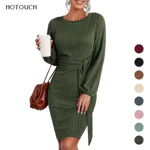 2025 Fall New Arrivals Women's Casual Knit Dress Long Lantern Sleeve Fall Bodycon Dress Crewneck Tie Waist Rib Knitted Sweater Dresses