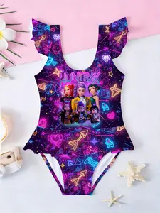 Girls Kpop Korean Style Swimsuit, Neon Character Cartoon Print Halter One-Piece Swimwear, Deep Base with Colorful Elements, Ruffle Hem
