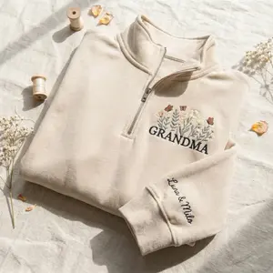 Embroidered Grandma Quarter Zip, Custom Grandkids Names on Sleeve, Luna and Milo Pullover, Floral Grandma Sweatshirt, Mother's Day