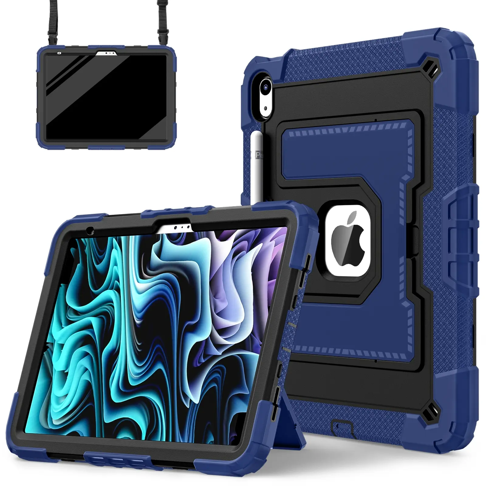 SPALLO for iPad (A16) 11th 11 Inch/10th Generation 10.9 Inch 2025/2022,Kids Friendly iPad Air (M4) 2026 8th/7th/6th/5th/4th with Shoulder Strap/Pencil Holder,Heavy Duty Protection Shockproof Cover for iPad Mini - Navy Blue+Black