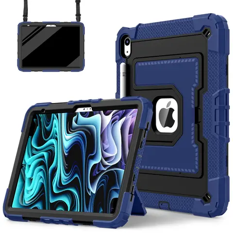 SPALLO Ipad Covers, for iPad (A16) 11th 11 Inch/10th Gen 10.9 Inch 2022, iPad Air (M3) 7th/(M2)6th/5th/4th 2024 with Shoulder Strap/Pencil Holder, Shockproof Cover for Mini (A17pro) 7th/6th Gen 8.3 - Navy Blue+Black (Case Only)
