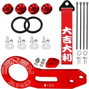 Rear Tow Towing Hook for Universal Car, JDM Bumper Quick Release Front Rear Bumper Fasteners, Decorative Tow Strap Personalized with Chinese Slogan (Red)