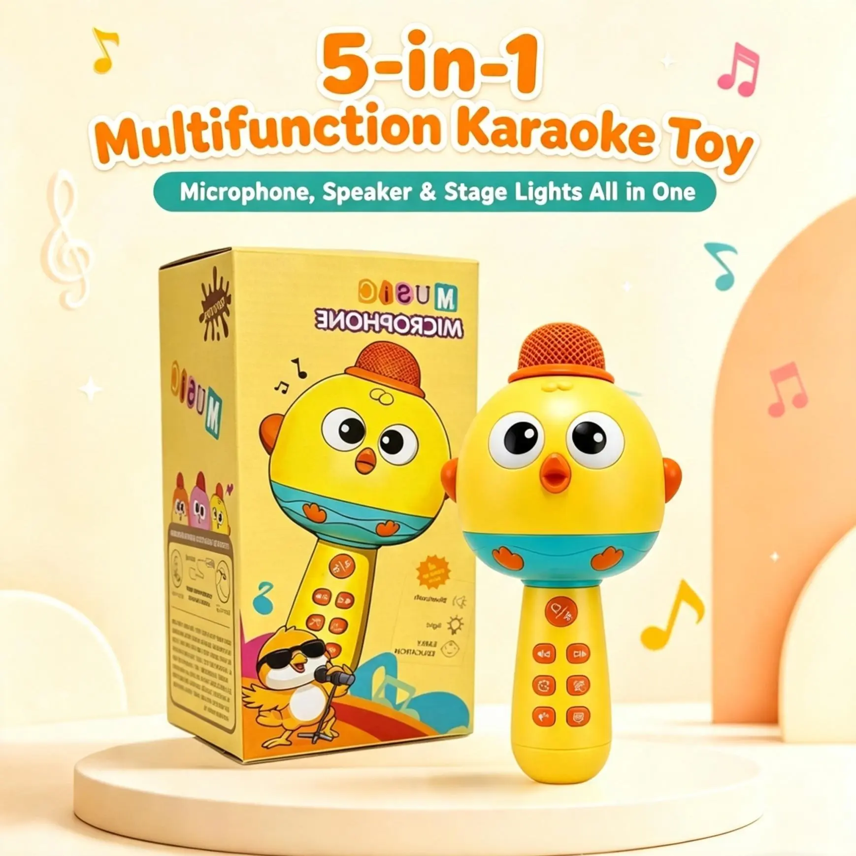 Kids Portable Wireless Karaoke Microphone - Cute Chick Shape, LED Lights, Voice Changer, Musical Toy Gift for Boys & Girls Birthday Party
