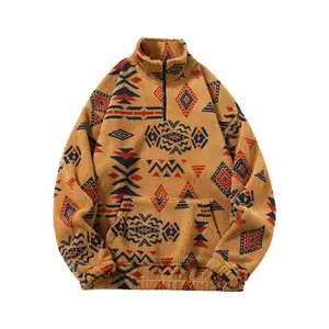 Men's Ethnic Print Hooded Cardigan Set, Full-Zip Color Block Sweatshirt & Pants, Winter Warm Fleece Lined Lounge Wear, Bohemian Style Outfit for Travel, Street Photography