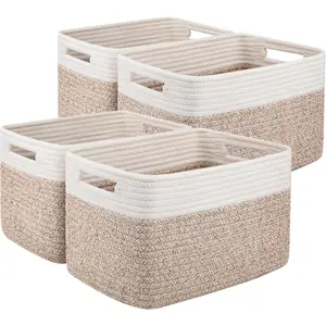 4 Pack Storage Baskets for Organizing, Basket for Shelves with Handle, Woven Baskets for Storage Toys, Towels, Books, Cotton Rope Basket 13" L x 9 " W x 7.8 " H, Brown & White