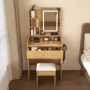 Compact Vanity Table with LED-Illuminated Mirror, Power Outlet, Hairdryer Holder & Stool – Multi-Functional Dressing Desk for Small Bedrooms
