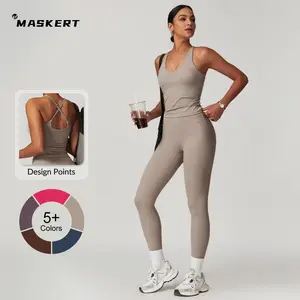MASKERT Women's Two Piece Set Sports Tank Top & High Stretch Tight Leggings Tummy Control Workout Daily Wear Running Outfits