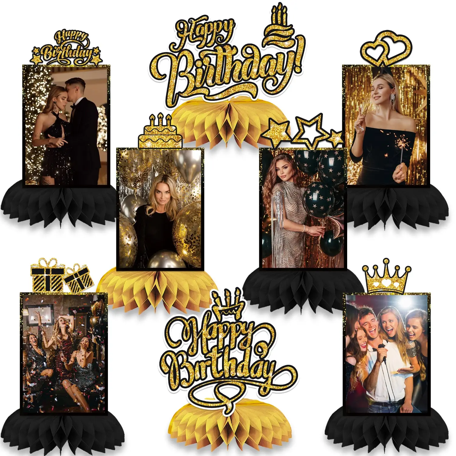 8Pieces Set Party Pack Black Gold Happy Birthday With DIY Photos Centerpiece Decorations Happy Birthday Photo Table Toppers for Celebrating Anniversary Theme Baby Shower Birthday Party Supplies Party Event Props