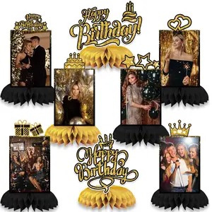 8Pieces Set Black Gold Happy Birthday With DIY Photos Centerpiece Decorations Happy Birthday Photo Table Toppers for Celebrating Anniversary Theme Baby Shower Birthday Party Supplies Party Event Props