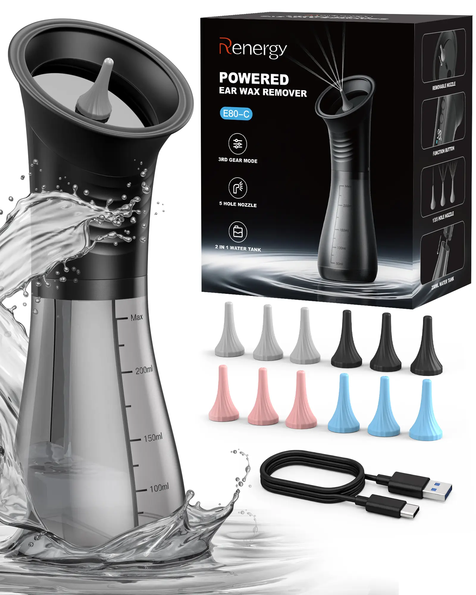 Premium Quality, Insanely Cheap! Renergy Electric Ear Wax Removal Kit with LED Display, Powered Ear Wax Remover, Dual Clean & Waste Tank, Water Ear Cleaner & Ear Cleaning Kit, Ear Irrigation Flushing System, 3 Modes, 12 Nozzles, IP67