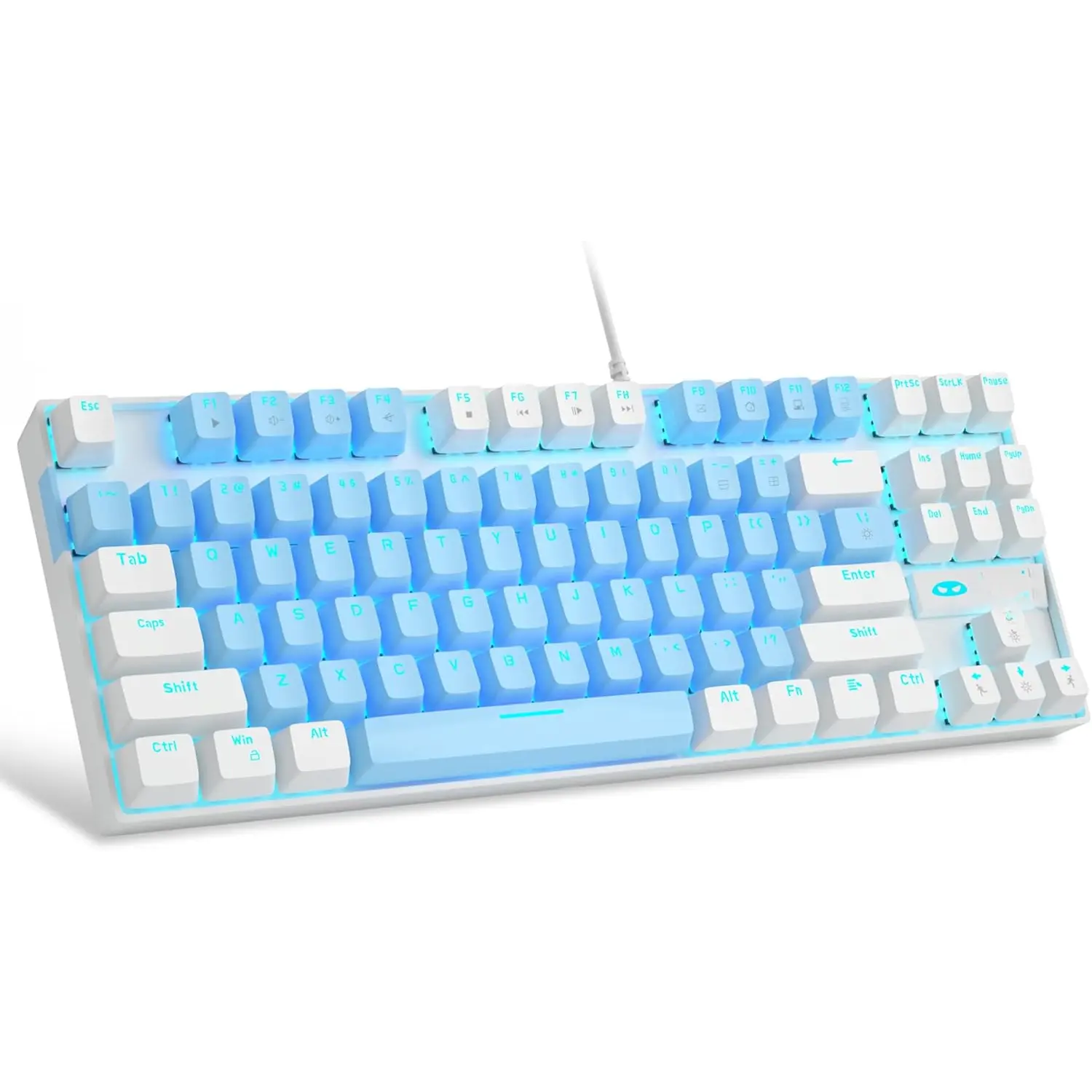 75% Mechanical Gaming Keyboard, Blue , LED Blue Backlit, 87  Compact TKL Wired Keyboards for Windows Laptop PC Gamer - Blue/White
