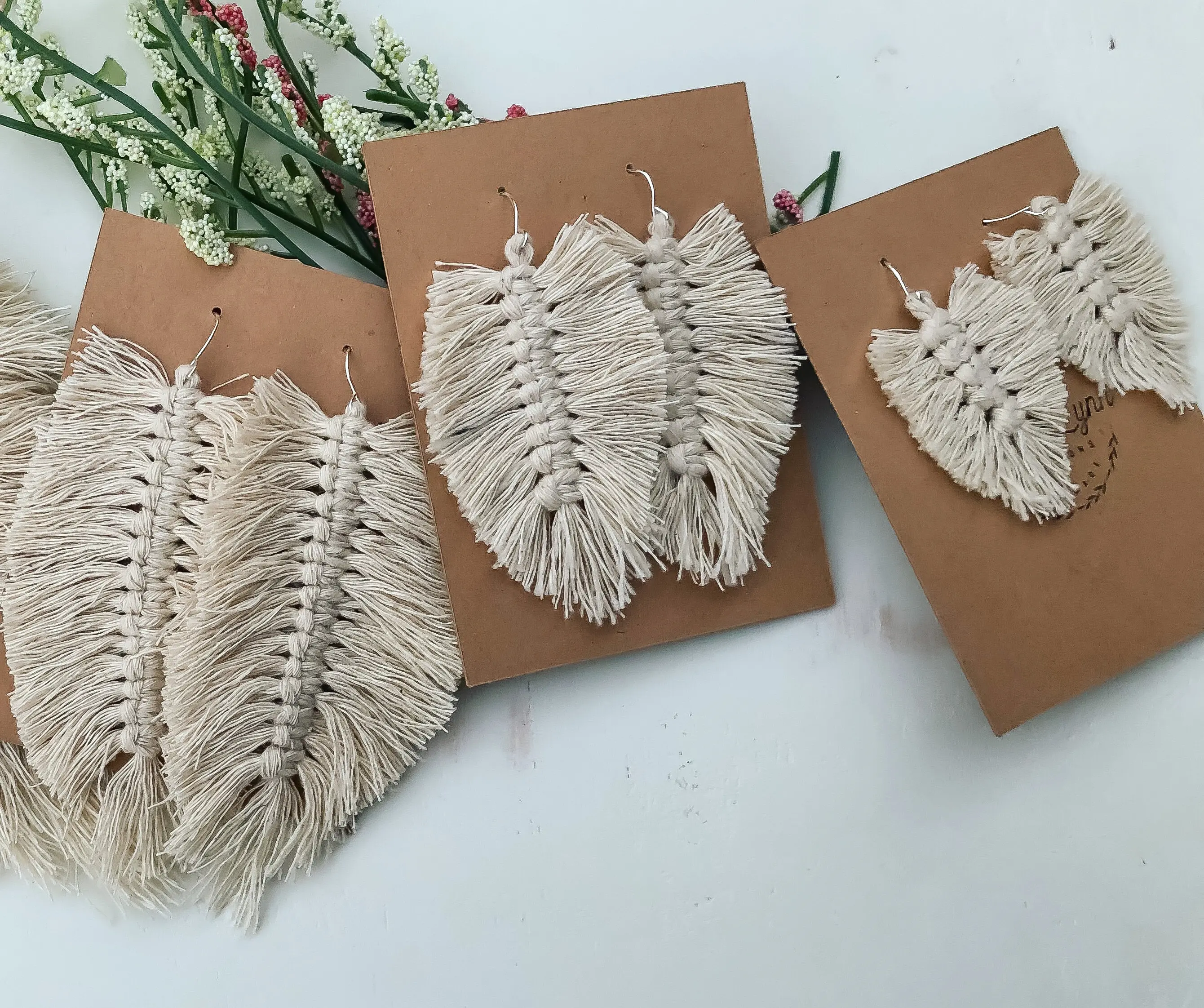 Macrame Feather Earrings, Handmade, Lightweight, Hypoallergenic, Nickel Free, Style without Sacrificing Comfort, Unique Staple Earrings, Hand Knotted In Studio Macrame Earrings, Natural Color, Feather Shape, Statement Piece Jewelry