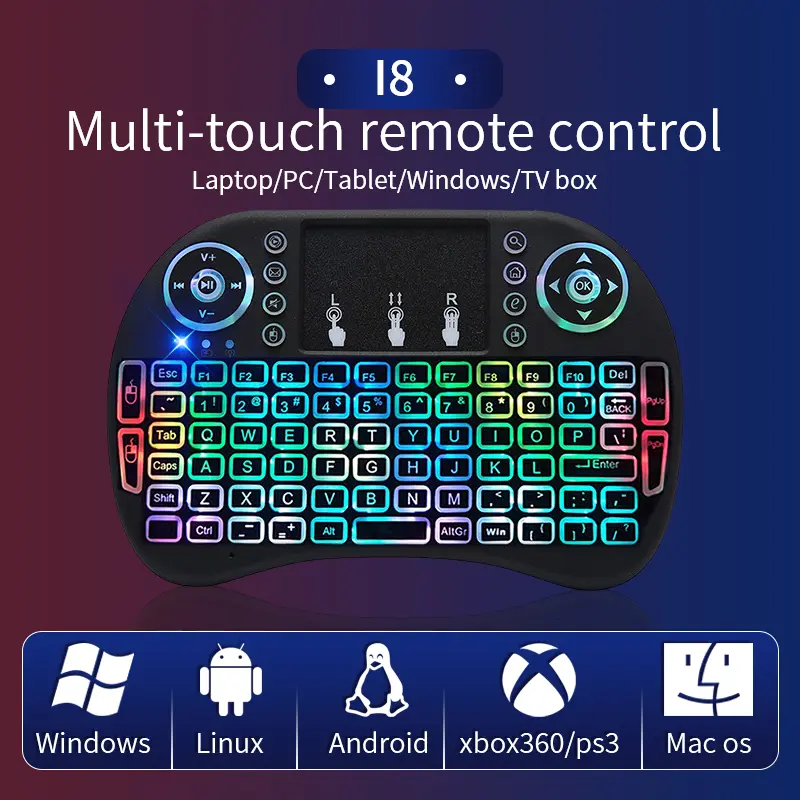 i8 Mini 2.4G Wireless Keyboard with Touchpad & 7-Color Backlit Keypad, Plug-and-Play, Android TV Ready for Smart TV, Projector, PS3