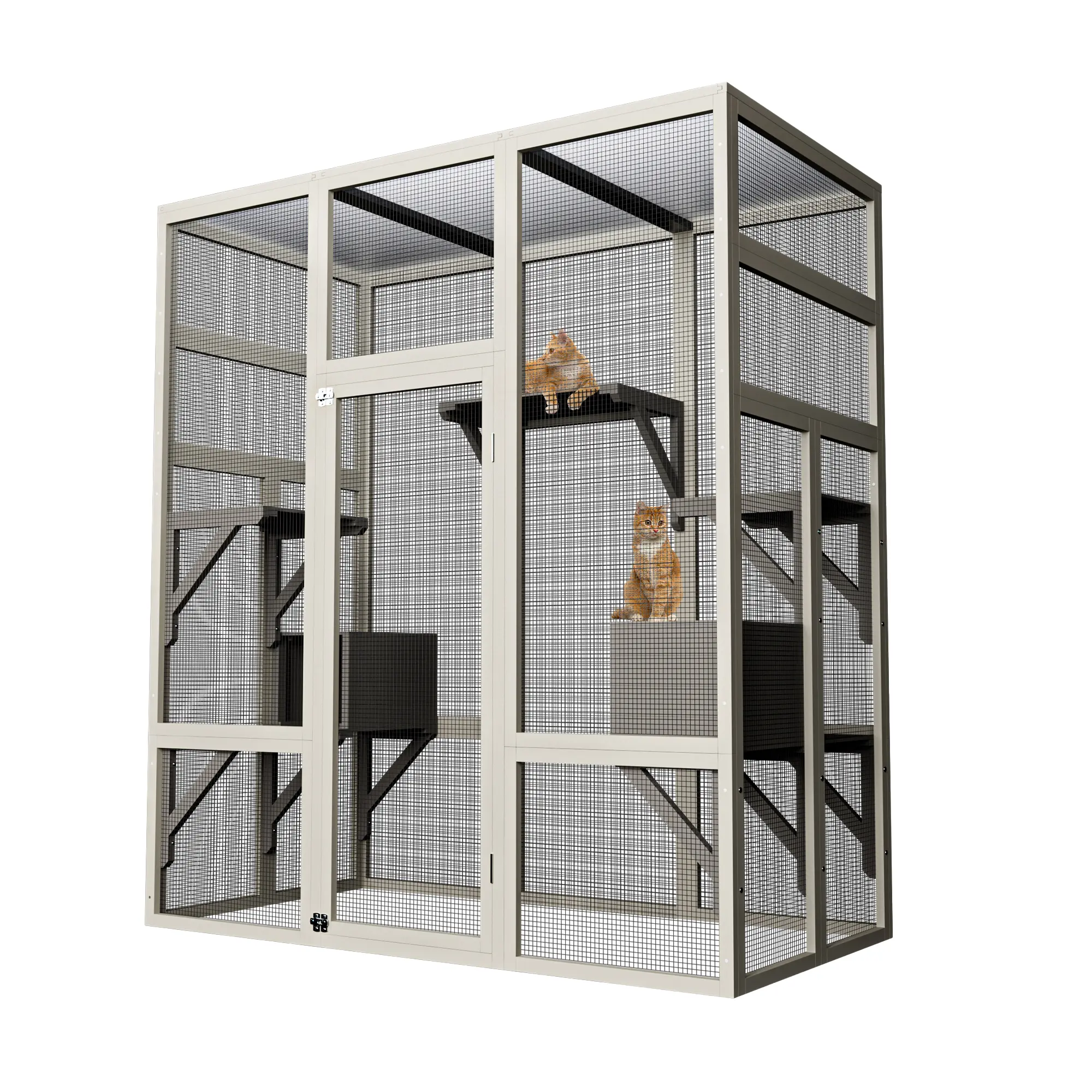 70'' Large Wood Catio, Outdoor Cat Enclosure with Perches and Condos, Cat House Indoor with Waterproof Roof, Cat Shelter 5 Platforms & 2 Resting Box, Cat Cage for Multiple Cats