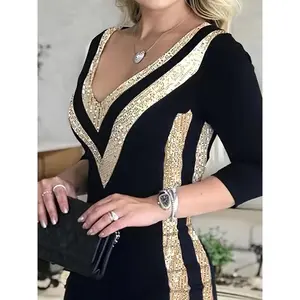 Women's sequined decorative V-neck dress, elegant and fashionable short sleeved dress, suitable for party club dates, women's dress, suitable for formal wear in summerRAIMENTRY