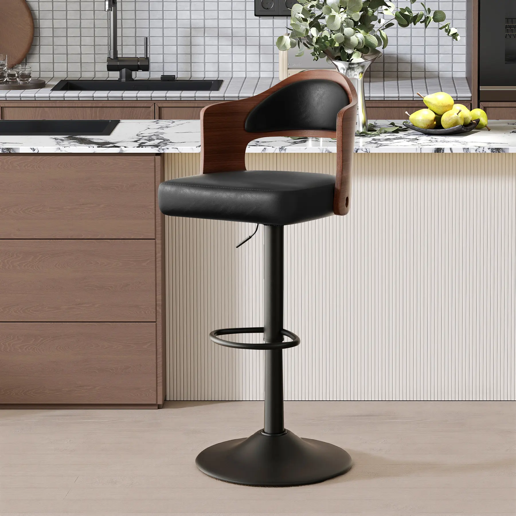 Swivel Bar Stools Set of 1/2 Seat Adjustable Height 24.5-33.5IN, Wooden Barstools PU Leather Upholstered Bar Chairs with Back & Footrest for Bar Kitchen Dining Room