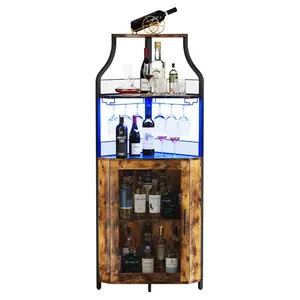 【Christmas Gift】Brown Corner Bar Cabinet with LED Lights, Industrial Liquor Cabinet with Adjustable Shelf, 5-Tier Industrial Wine Cabinet with Glass Holder, Home Bar Cabinet, Coffee Bar Cabinet