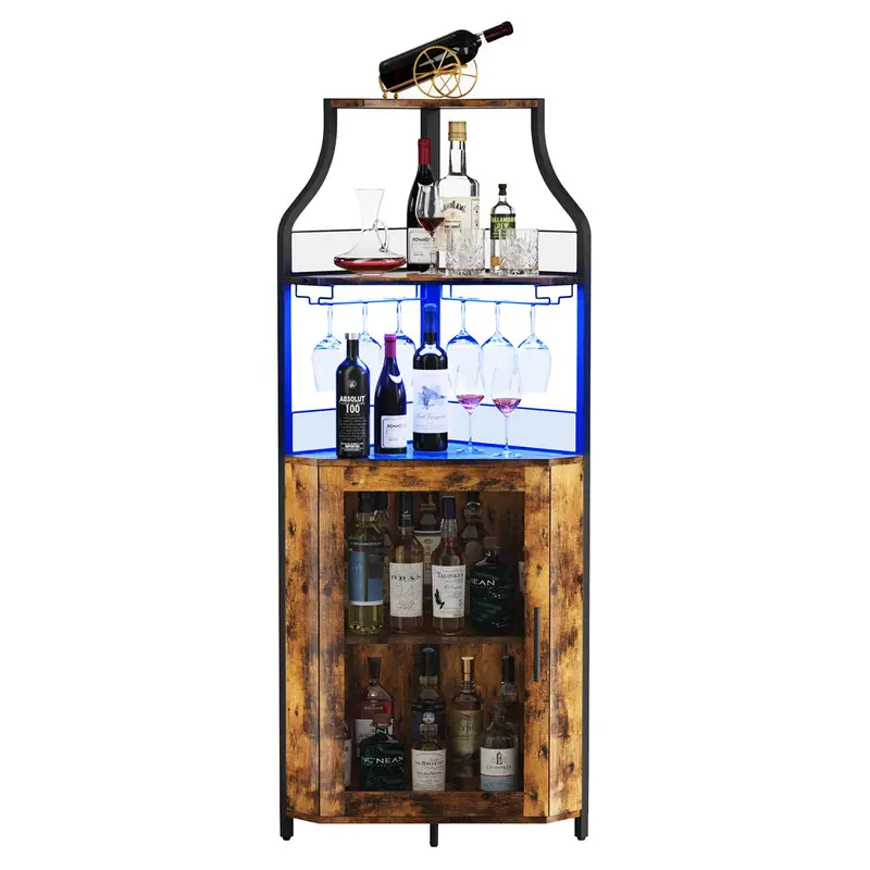 Durable Brown Industrial Corner Bar Cabinet - Waterproof MDF Commercial Office Sideboard with Storage, 5-tier shelves, LED Lights, 6‑Glass Ready Built-in Wine Glass Holder, Baffle, Wobble-free Feet, for Apartment Furniture