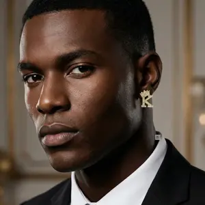 Hip Hop Crown Tilted Initial Alphabet Letter Pierced Post Stud Earring Gold Silver Tone Unisex Fashion Costume Jewelry 0.75" X 0.6" Piercing Required