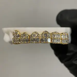Custom Hip Hop Emerald Iced Out VVS Diamond Round Cut 925 Silver Moissanite Teeth Grillz
