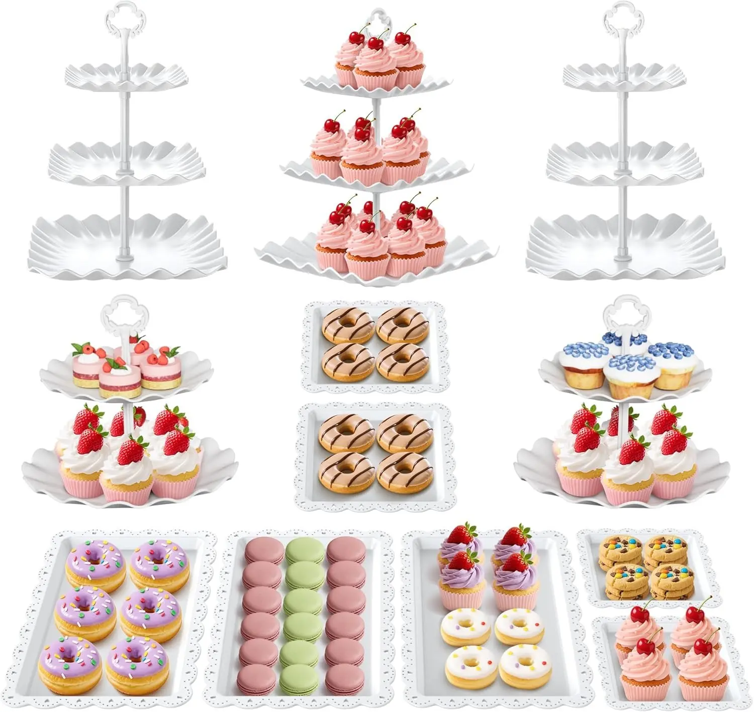 sebastian CADIA, Plastic  Cupcake Stand, 12Pcs Dessert Table Display Set, 3-Tier Cup Cake Tower Stands & 2-Tiered Cake Holder, Treat Food Platters Serving Trays for Cookie, Candy, Tea Party,  Birthday Cake Decorating Supplies Pastry Decorative Kit