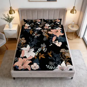 Butterfly And Lily Pattern Fitted Sheet, Includes 1 Flat Sheet And 2 Pillowcases, Non-Slip Dust Cover For Teen Adult Bedrooms And Guest Rooms, Ideal Bedding Set Gift For Self Use Or Giving As a Gift