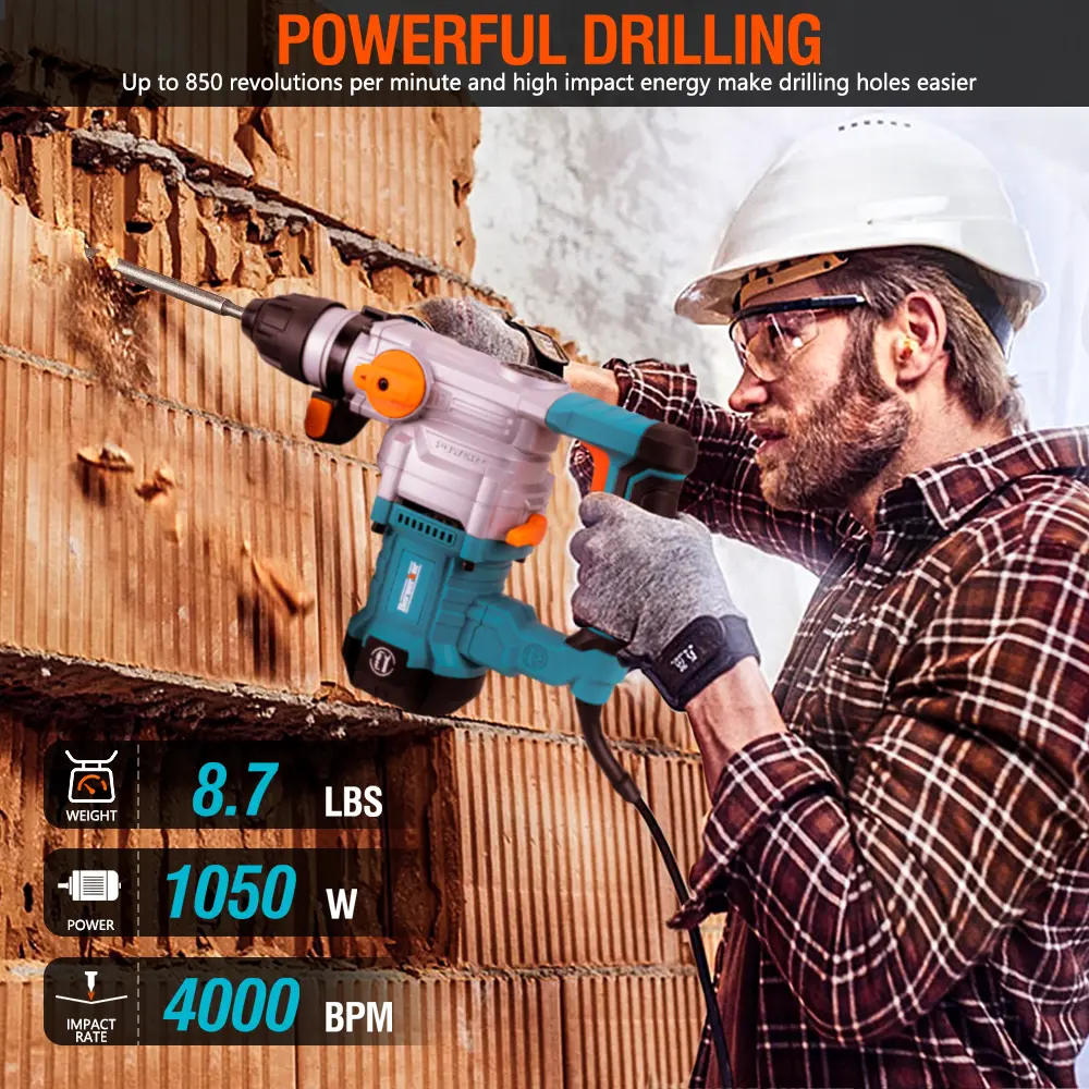 SDS Plus Rotary Hammer Drill with Safety Clutch, 3-Function Corded Rotary Hammer for Concrete - Includes Drill Chuck, 3 Drill Bits, Flat Chisel, Point Chisel, Carrying Case, Ergonomically Designed.