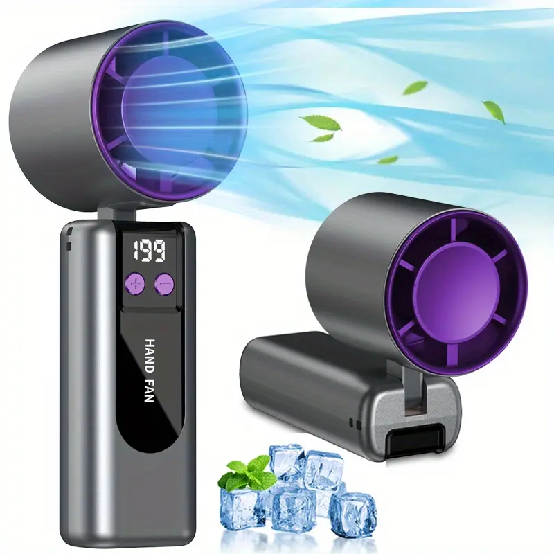 Mini handheld turbo fan, USB rechargeable wireless turbo fan, wearable/handheld mini turbo cooling fan, 199-level adjustment, with digital display, foldable, silent and powerful motor, suitable for both indoor and outdoor use, ideal for offices, stylish c