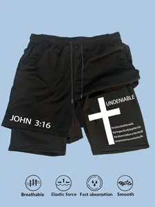 Men's John 3:16 Christian 2-in-1 Workout Shorts – Black Mesh Performance Shorts with Cross & Scripture Print, Breathable Quick-Dry Fabric, Compression Liner, Ideal for Gym, Running & Faith-Based Activewear, Athletic Wear Shorts