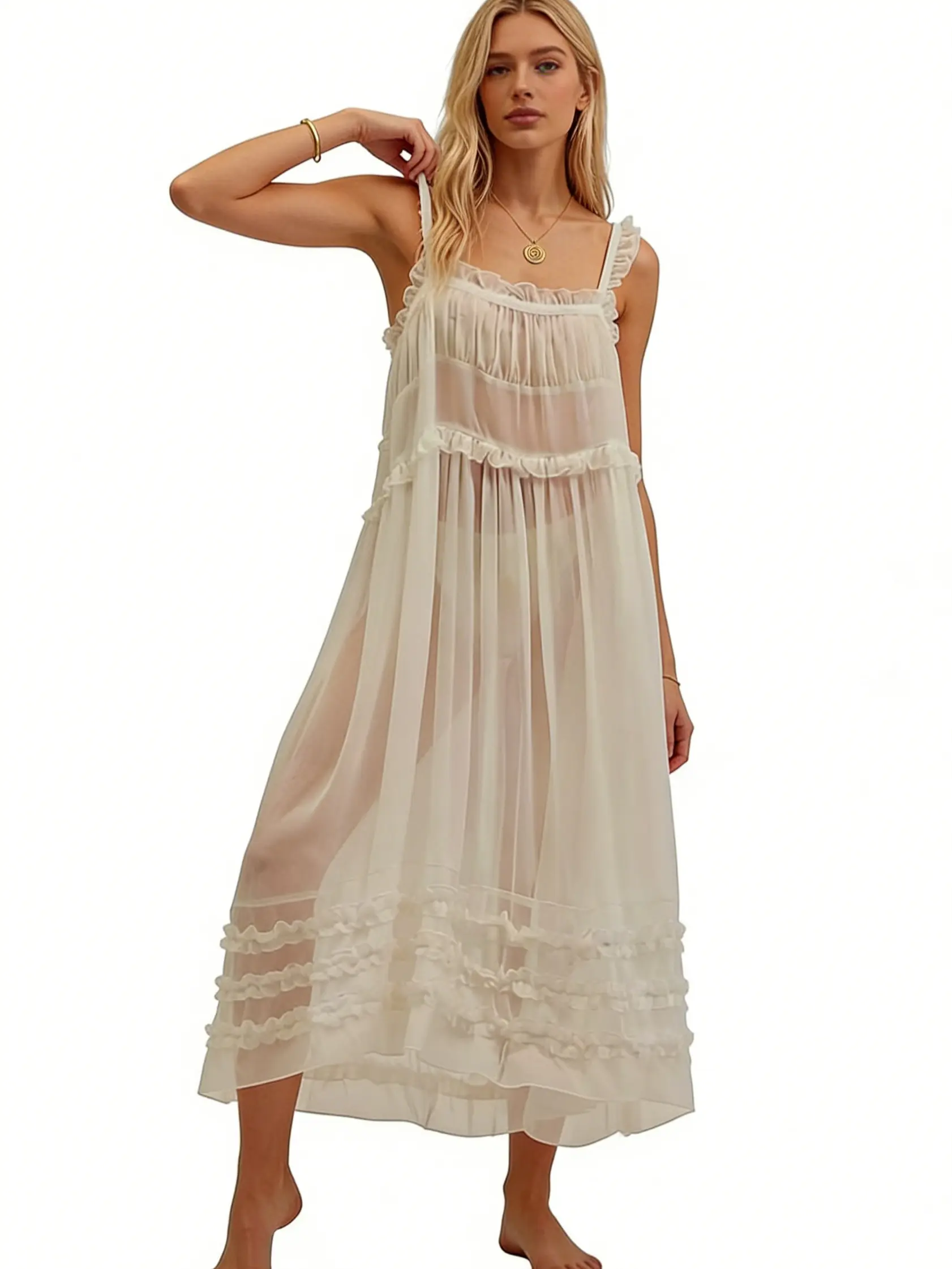 Women's White Ruffle Tiered Midi Dress, Sheer Flowy Bohemian Maxi Sundress, Spaghetti Strap Square Neck Summer Beach Cover Up Dress for Vacation