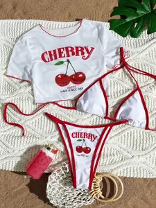 Women's Cherry Print Bikini Set, Mesh Chiffon Cover-Up, Low Waist Slim Fit Swimsuit, All Season Beachwear, Fashion Cute Swimwear, Three-Piece Bikini, Bathing Suit with Cover Up, Summer Swimsuit