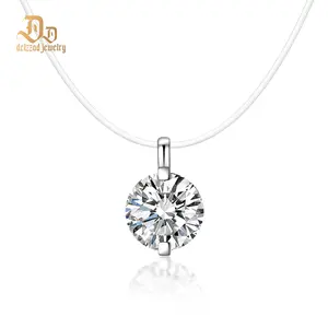 【New Invisible Choker】Delzzad 1-2ct Luxury Transparent Mermaid Tear Pendant Solitaire Two Prong Wedding Pendant Necklace Clear Chain D Color Synthetic Moissanite S925 Bling Necklace Chain Birthday Anniversary Wedding Christmas Gift