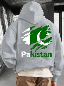 Men's Casual Hooded Sweatshirt with Kangaroo Pocket, Fall & Winter Loose Fit Geometric Pattern, Trendy Pakistan Flag Print Design