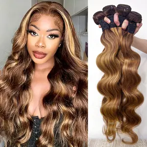 P4/27 Highlight Human Hair Bundles Honey Blonde Body Wave Bundles Human Hair 26 28Inch Human Hair Body Wave Bundles Ombre Brown Bundles