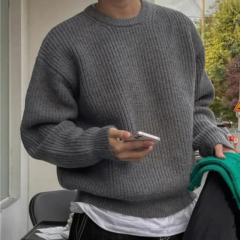 Men's Casual Waffle Knit Sweater, Stylish Thick Pullover with a Round Neck and Drop Shoulders, Relaxed Fit for Fall Streetwear, Menswear, Knitwear, Plain, Students, Longsleeves, Classic, Clothes, Polyester, Back To School Haul, Long Sleeves, Loose-Fit, Th