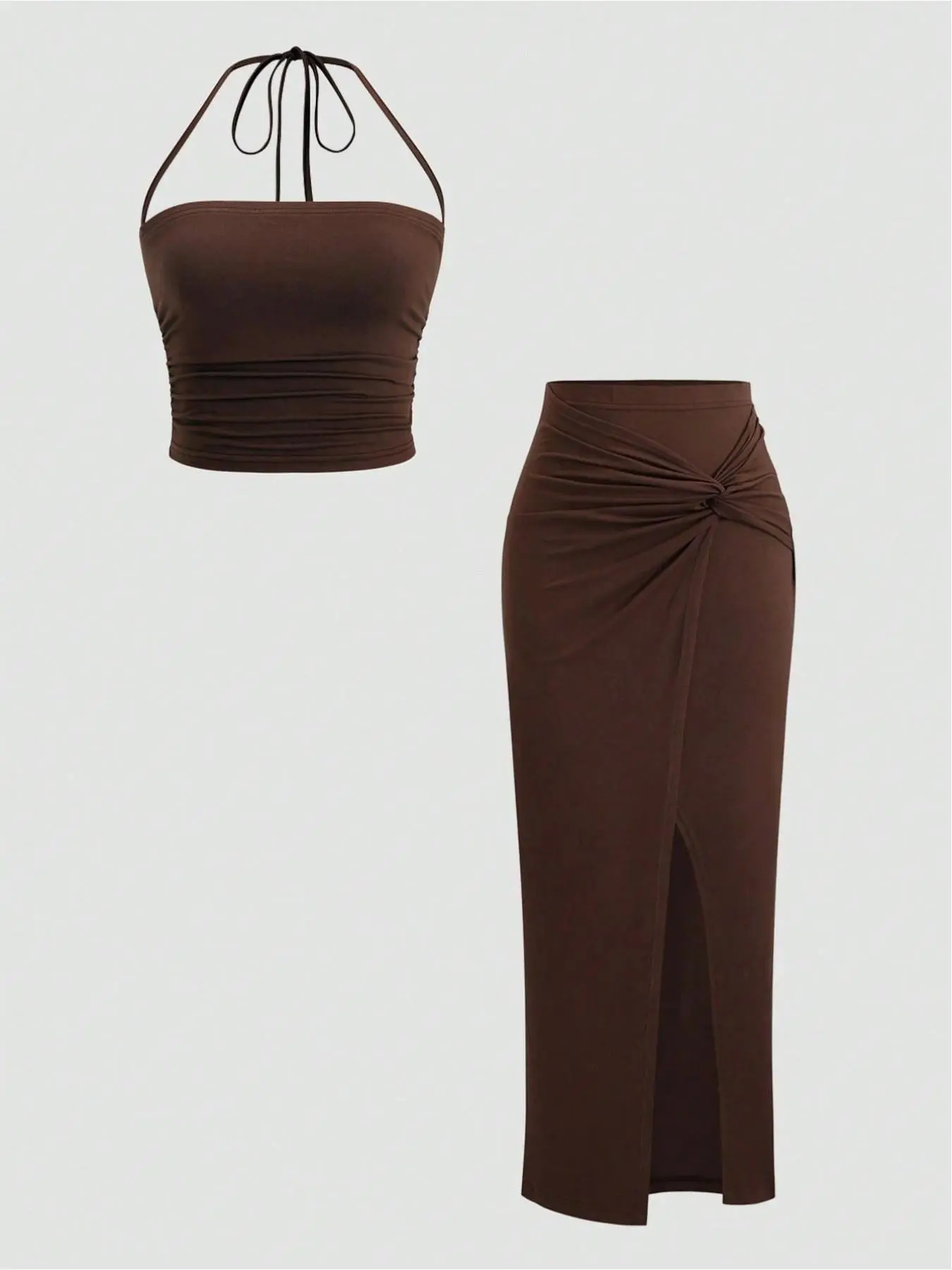 Women's Sexy Ruched Design Slit Front Button Up Tight Fit Top and Skirt Set, Elegant Bodycon Outfit for Parties and Events