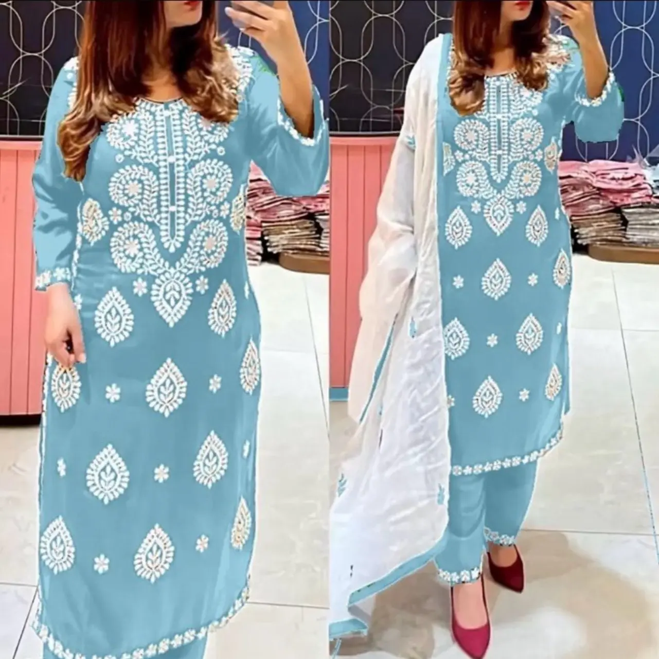 KURTI HEAVY RAYON COTTON FABRIC WID CHICKEN KARI STYLE EMBROIDERY WORK (no Refund no written ). Reasonable price