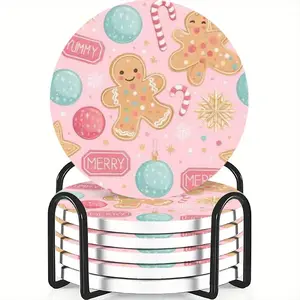6-Piece Coaster Set Christmas Candy & Gingerbread Man Design Ceramic Non-Slip Heat Resistant Coffee Drink Home Decor Ideal Gift